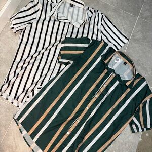 SHEIN Black and Green Striped Casual Button Down Shirts